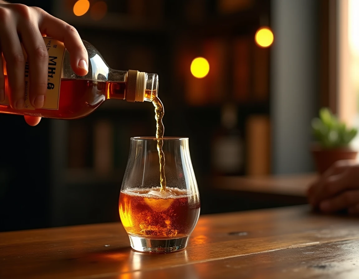 Medium close-up of a Nikka From the Barrel bottle being poured into a heavy-bottomed glass tumbler on a worn oak table, 