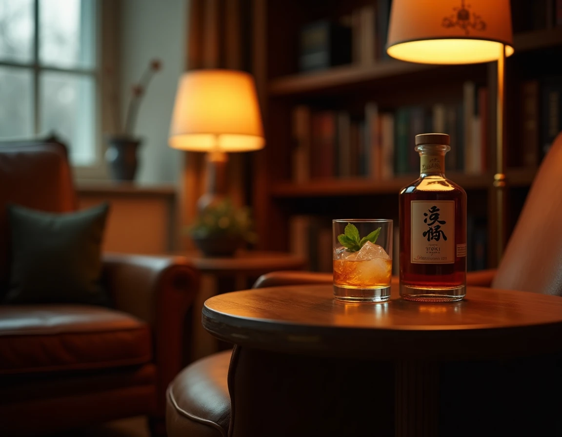 Wide atmospheric shot of a home whisky corner — a leather armchair beside a low wooden side table holding a Suntory Toki