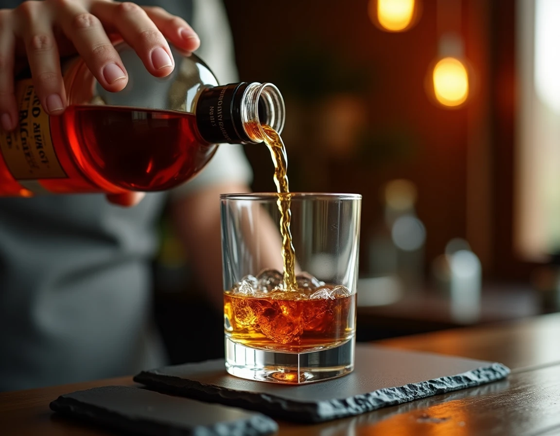 Close-up action shot of a Nikka From the Barrel whisky being poured into a square Glencairn glass, golden amber liquid m