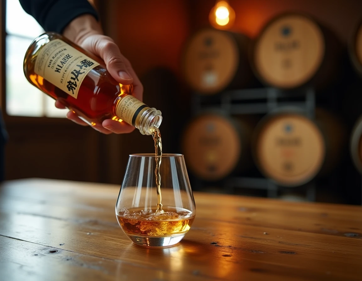 Medium shot of a hand gently pouring Japanese craft whisky from a Chichibu distillery bottle into a Glencairn glass on a