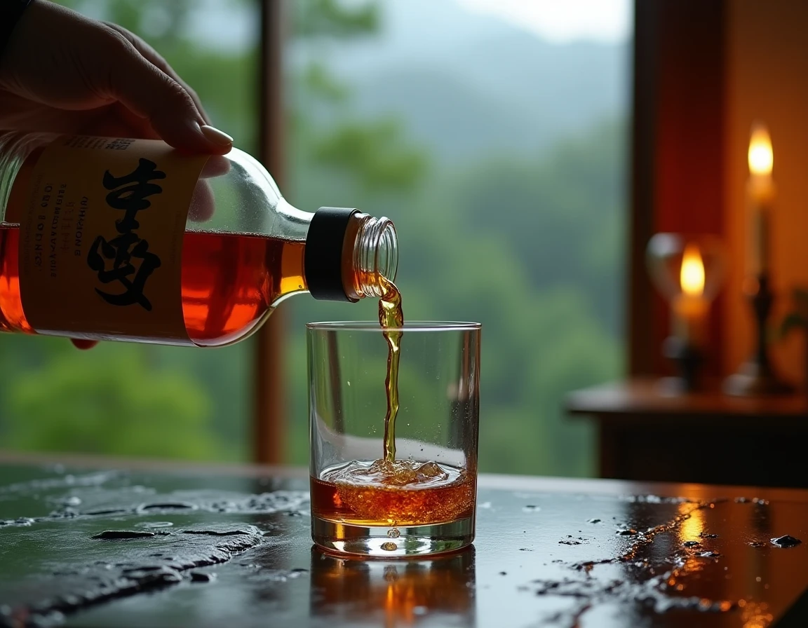Close-up action shot of whisky being poured from a Hakushu bottle into a Glencairn glass placed on a dark wet stone surf
