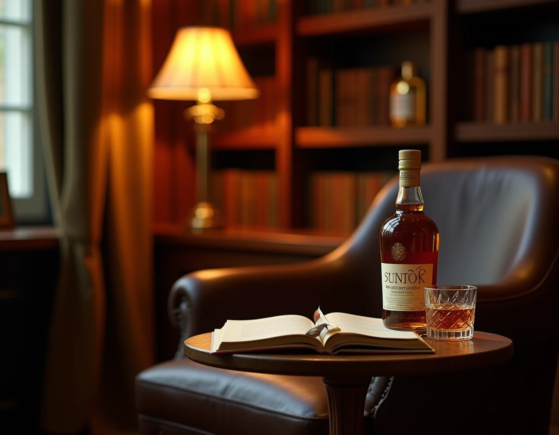 Wide atmospheric shot of a private library or study corner with a leather armchair, a small side table holding a Suntory