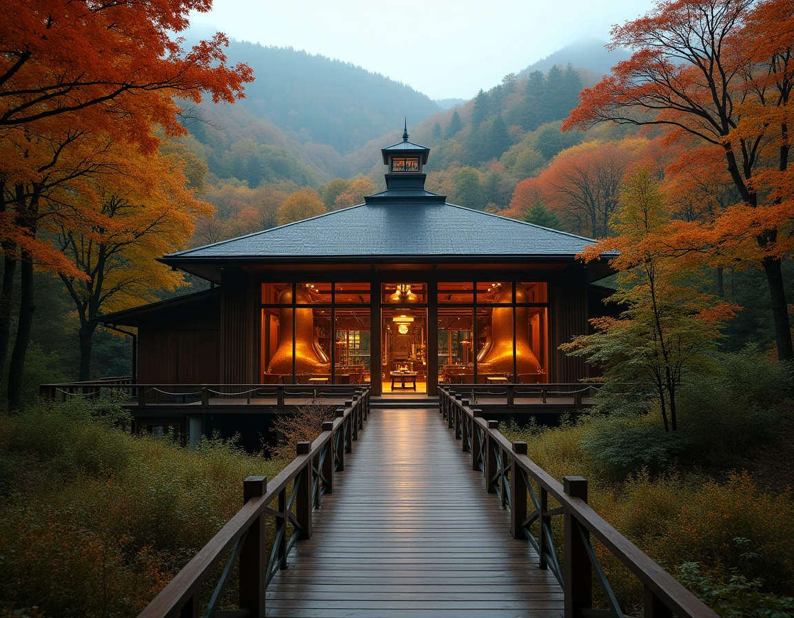 Wide atmospheric shot of the Hakushu distillery building surrounded by dense Japanese forest in Yamanashi mountains, ove