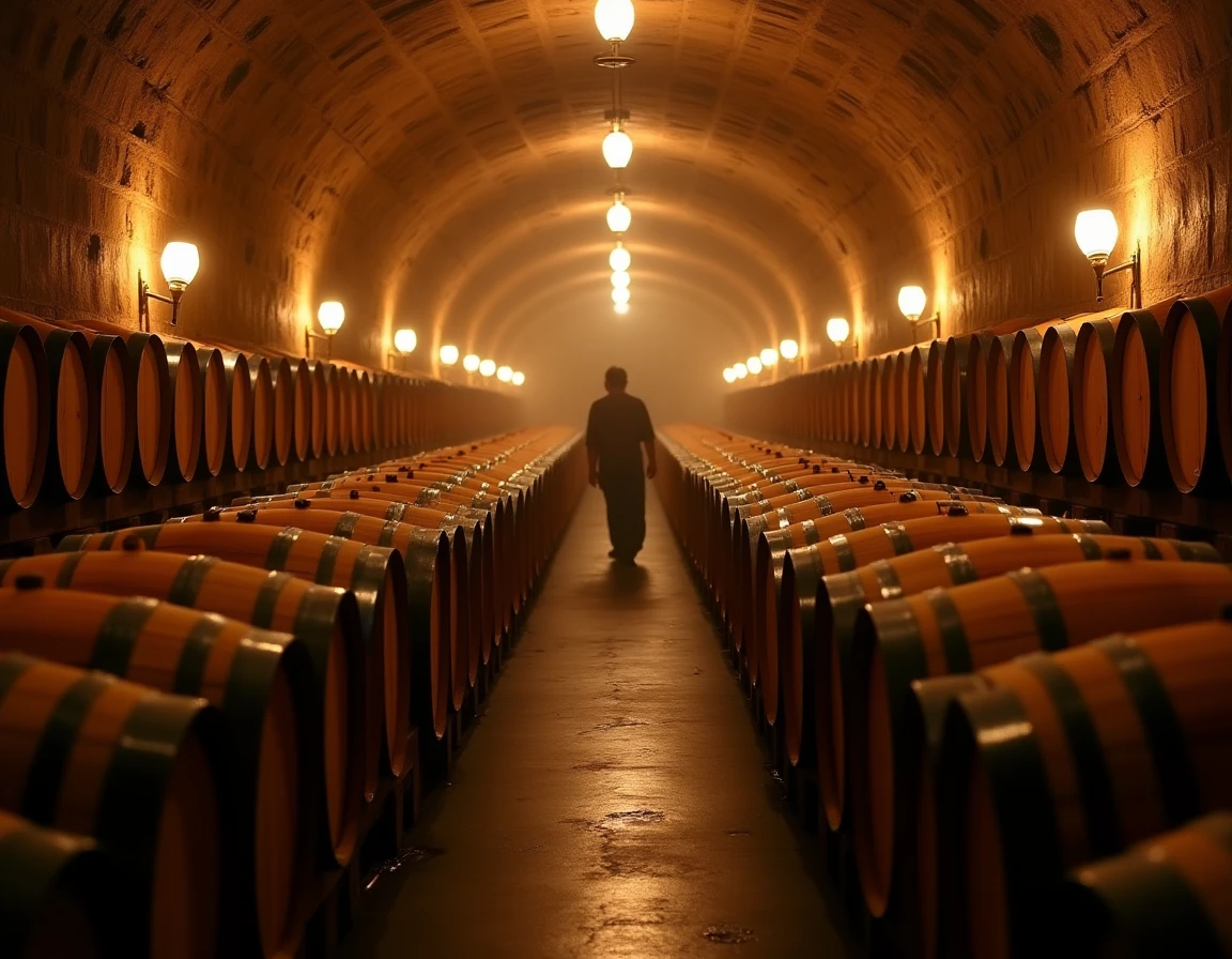 Wide interior shot of a small Japanese craft distillery barrel warehouse — rows of small mizunara oak and bourbon casks 