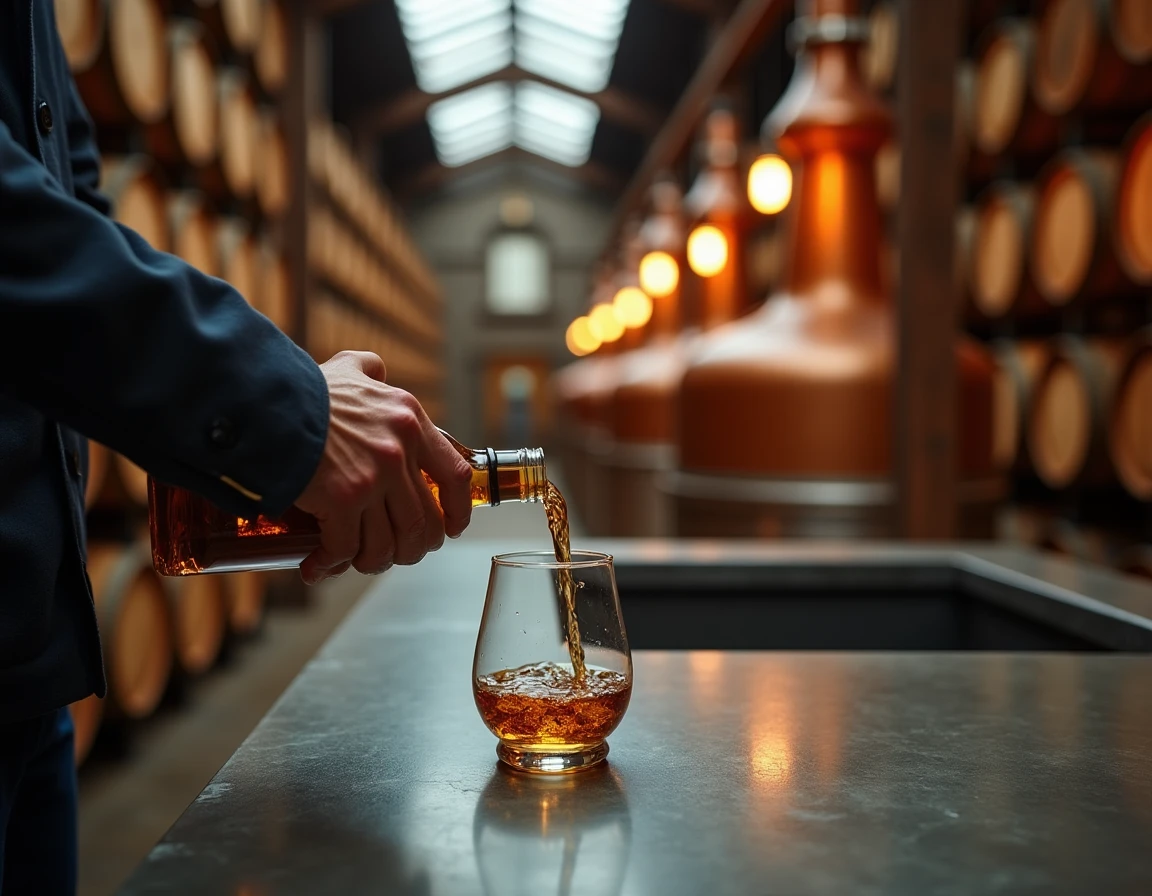 Medium-wide shot of a man's hands carefully pouring Nikka single malt from a bottle into a Glencairn glass on a slate-gr