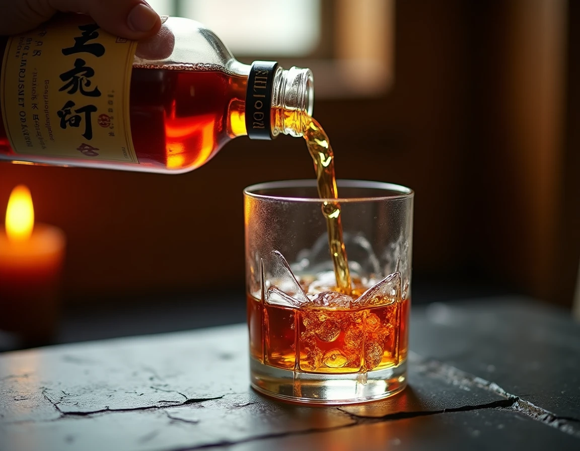 Close-up action shot of Japanese whisky being poured from a bottle into a traditional Glencairn glass on a dark stone su