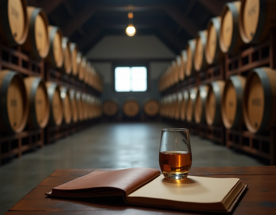 Wide atmospheric interior of the Yoichi distillery maturation warehouse, rows of aging oak casks stacked three high on t