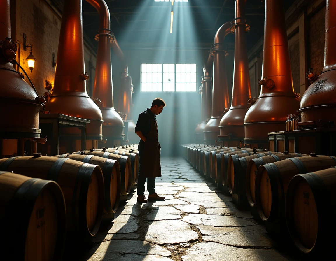 Wide atmospheric shot of a small Japanese whisky distillery interior — copper pot stills visible in the background, aged