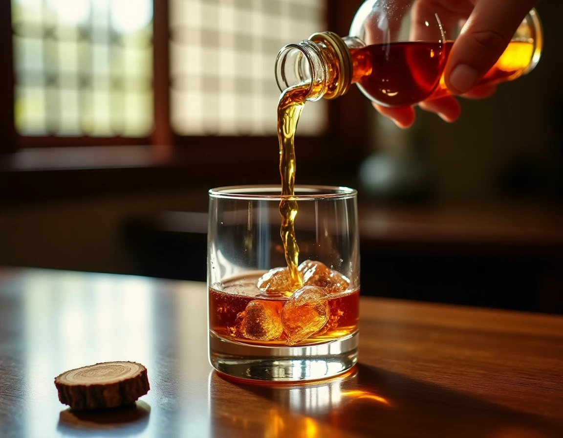 Close-up action shot of a Yamazaki-style whisky glass being filled from a small sample bottle on a dark walnut table, Mi