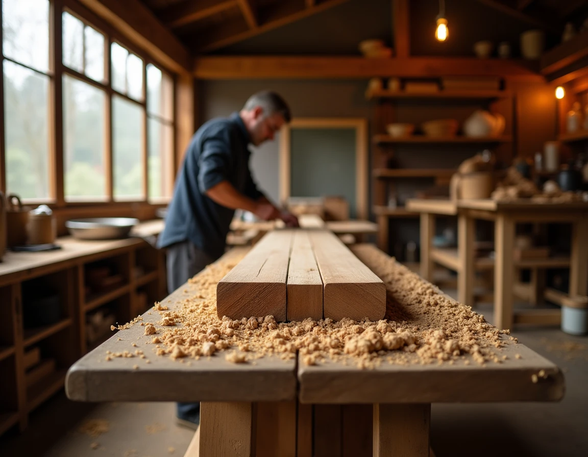 Wide interior view of a Japanese cooperage workshop, craftsman's hands (partially visible) shaping a Mizunara oak stave