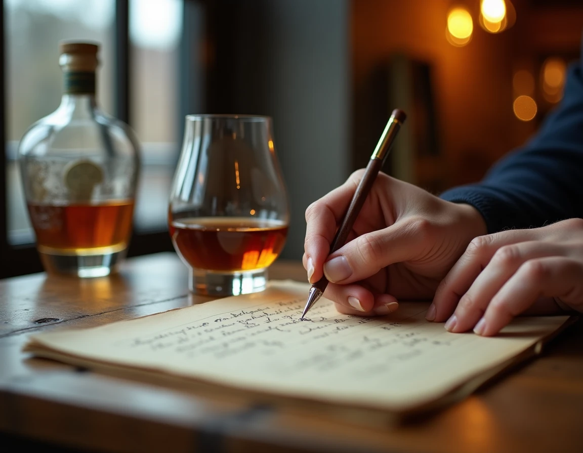 Medium close-up of a person's hands — one hand holding a Glencairn glass half-filled with deep amber Japanese whisky, th
