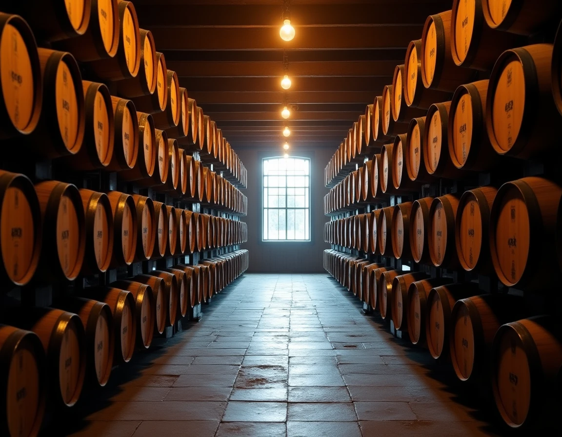 Wide atmospheric interior shot of a barrel warehouse corridor at a Japanese distillery in winter, rows of American oak a