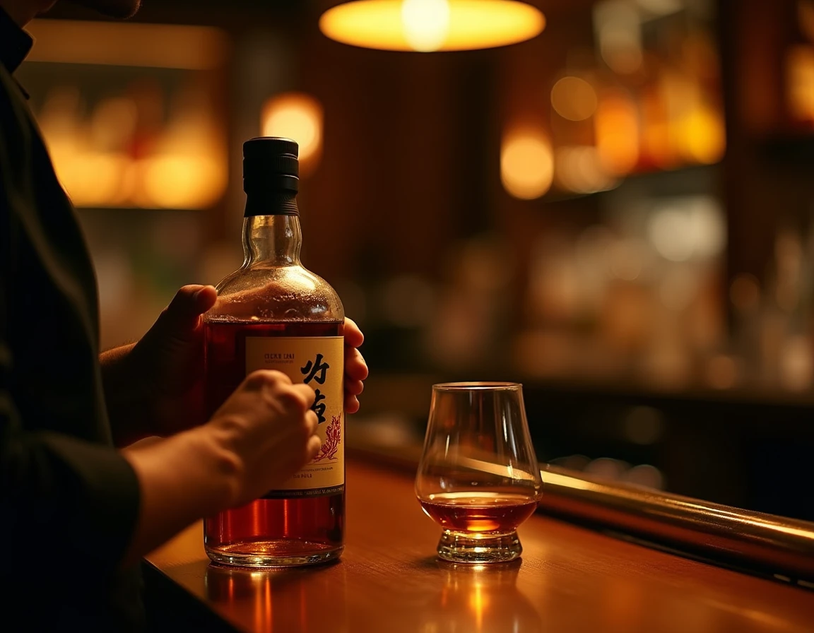 Close-up action shot of a bartender's hands in a dimly lit Tokyo-style standing bar carefully examining the back label o