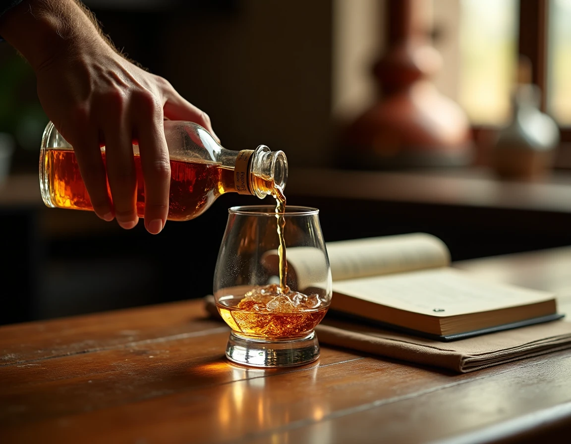 Medium close-up of a hand pouring Japanese single malt whisky from a small craft bottle into a Glencairn glass, liquid m