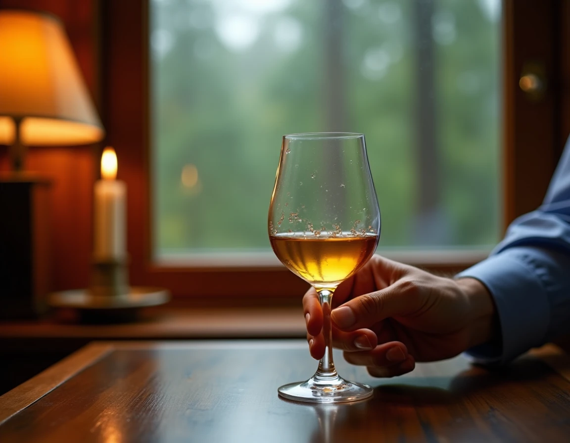 Medium close-up of a male hand gently swirling a Glencairn glass containing pale golden Hakushu whisky, standing near a 
