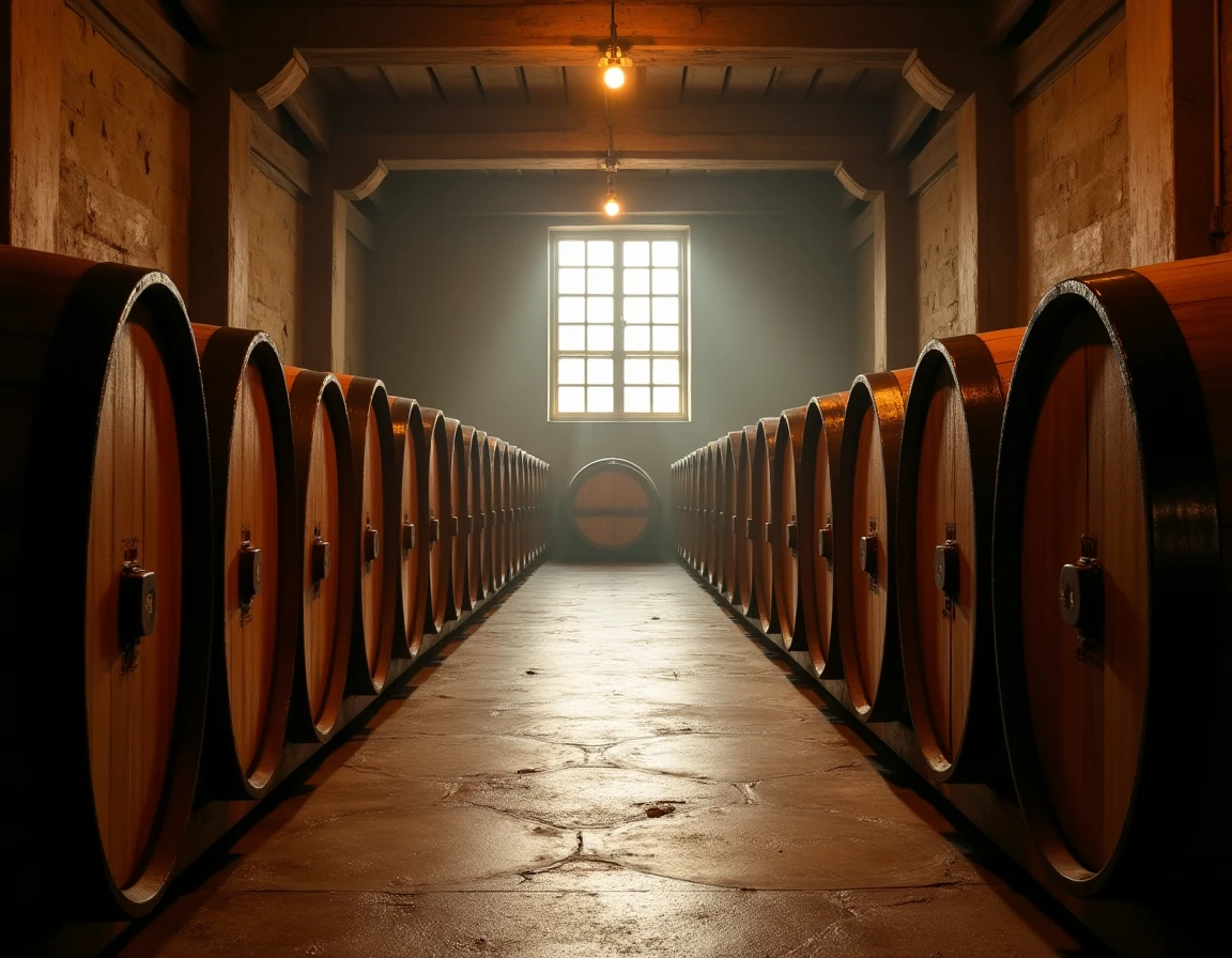 Wide atmospheric interior of a Japanese whisky distillery barrel warehouse — rows of aging casks stacked on wooden racks