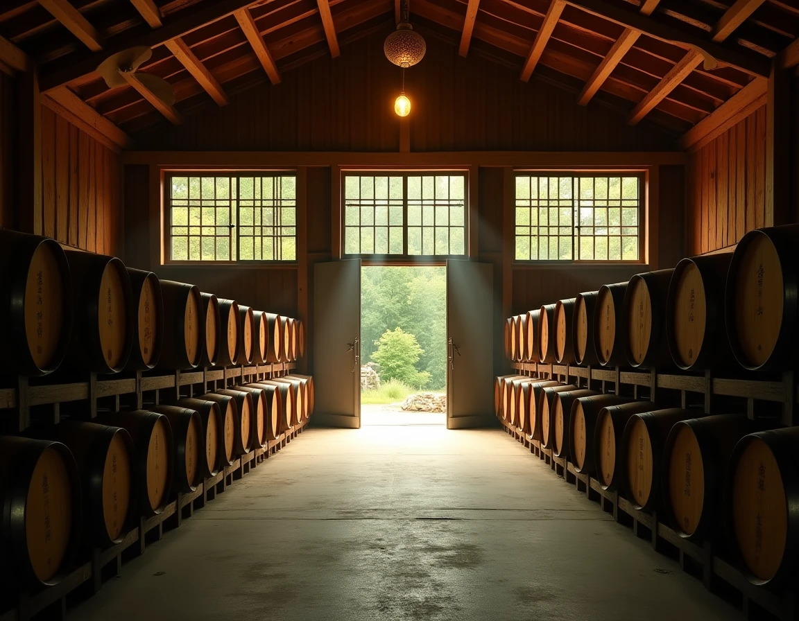 Wide interior shot of Hakushu distillery warehouse, rows of aging barrels stacked on wooden racks, amber light from high