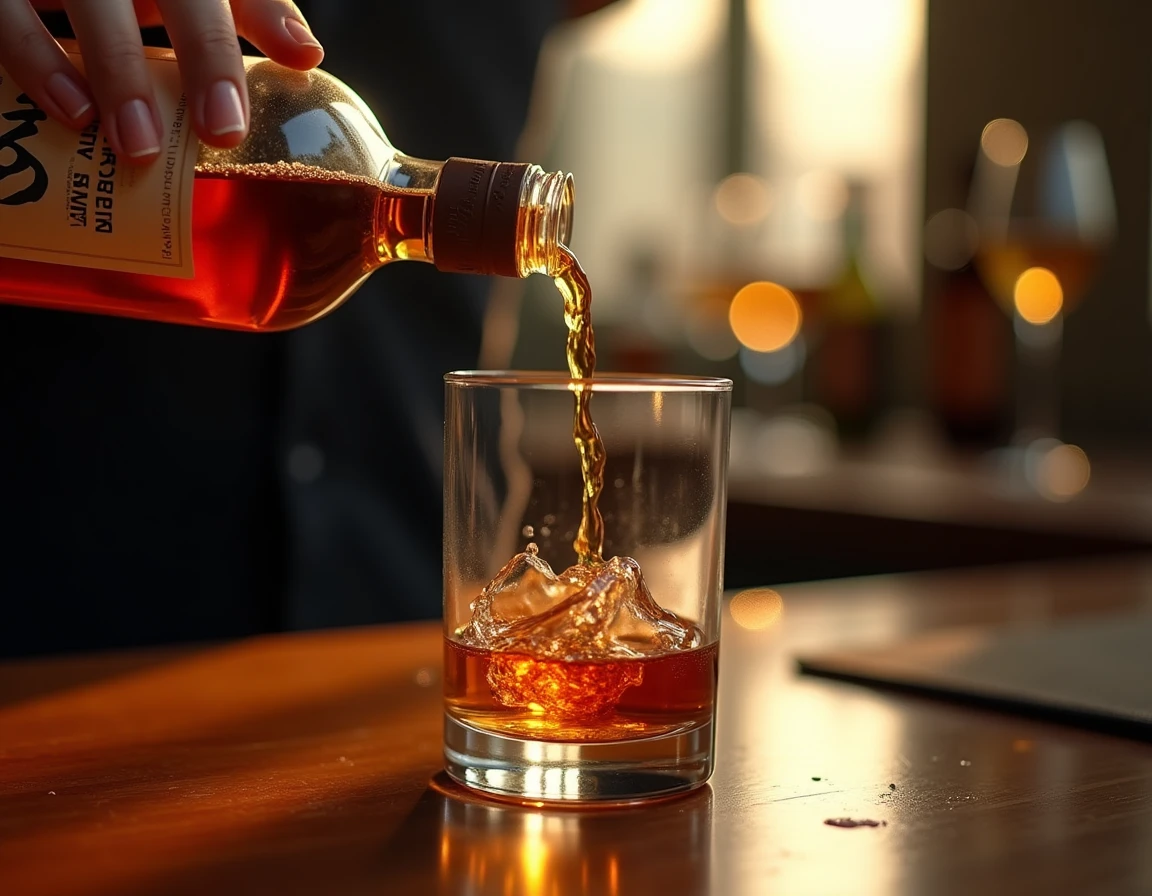 Close-up action shot of amber whisky being poured from a Yamazaki bottle into a Glencairn glass, Mizunara wooden stave t