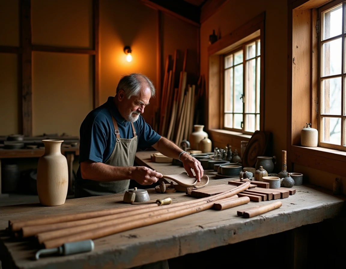 Wide-angle interior of a traditional Japanese cooperage workshop, Mizunara oak staves stacked and drying against a weath