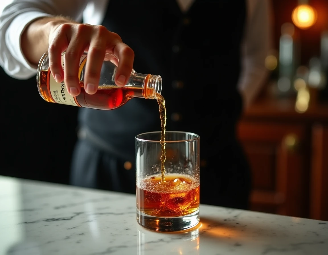 Close-up action shot of a bartender's hands pouring Nikka From the Barrel whisky into a Glencairn glass on a marble coun
