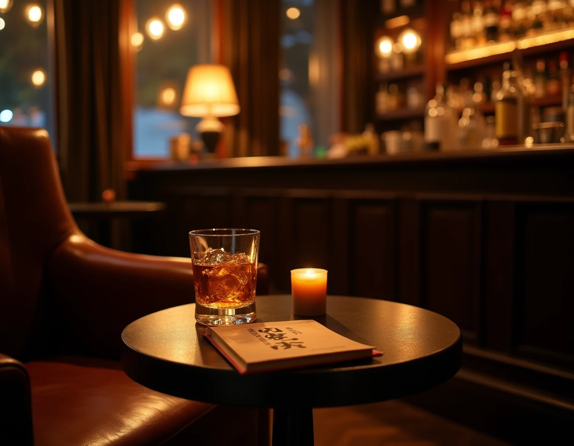 Atmospheric interior of a quiet Istanbul whisky bar at evening, a single Suntory Toki highball glass on a low leather-to