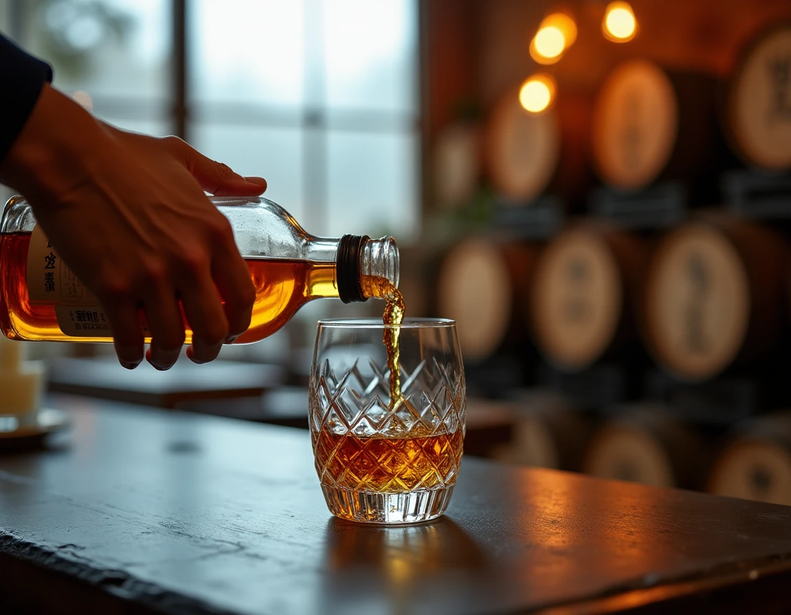 Close-up action shot of a hand carefully pouring Japanese single malt whisky from a Kanosuke bottle into a crystal Glenc