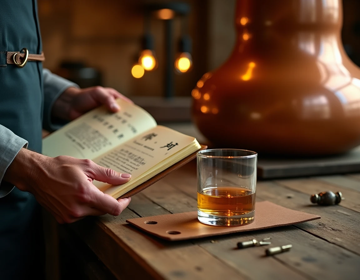 A pair of weathered hands — one holding an open leather-bound notebook with handwritten distillation notes in Japanese a