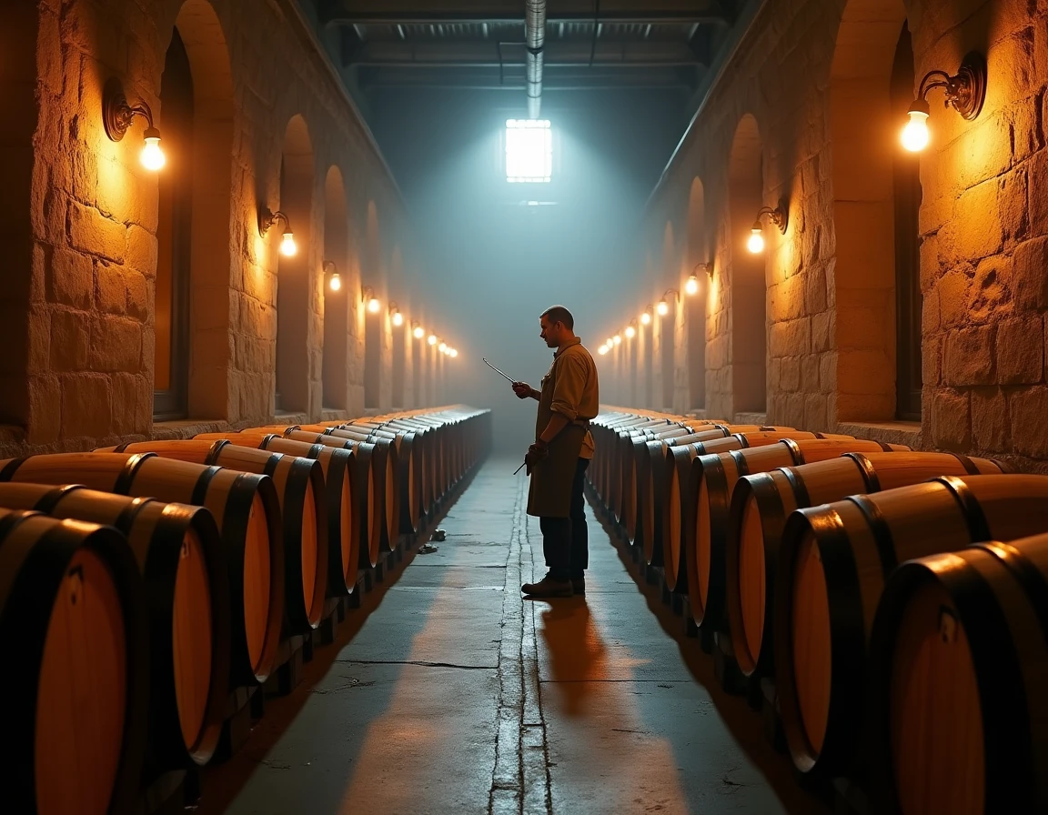 Wide environmental shot inside a small Japanese craft distillery — rows of American and Japanese oak casks in a stone-wa