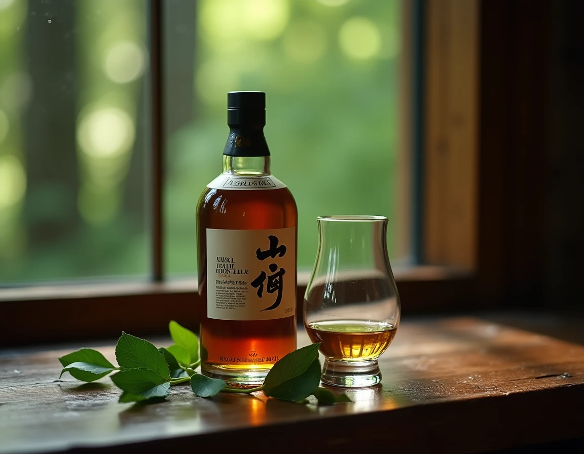Close-up editorial shot of a Hakushu single malt whisky bottle and a Glencairn glass half-filled with pale golden liquid