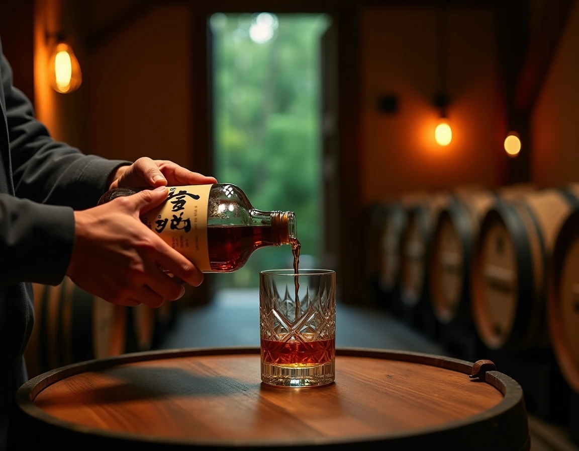 Medium shot of a pair of hands gently pouring Hakushu whisky from a bottle into a crystal glass, set inside a dim rustic