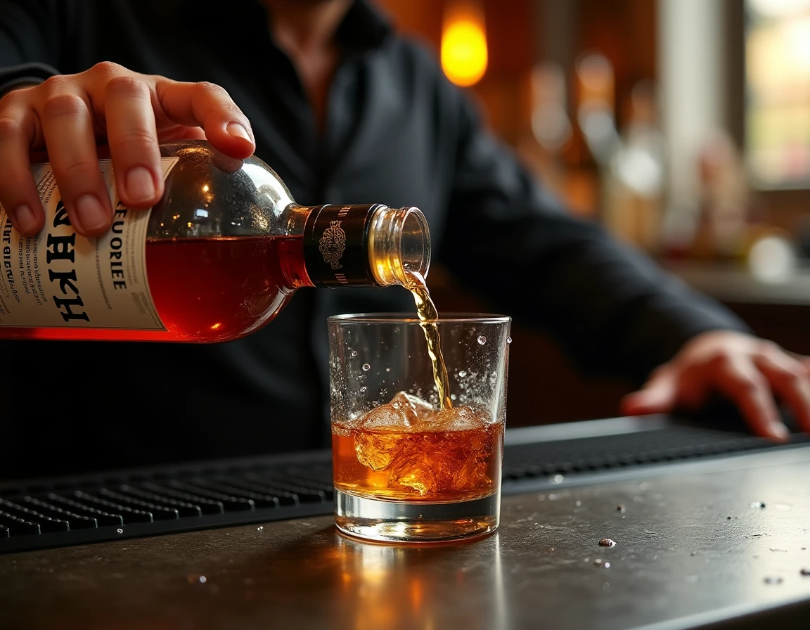 Close-up action shot of a bartender's hands pouring Nikka From the Barrel into a Glencairn glass on a dark stone bar sur