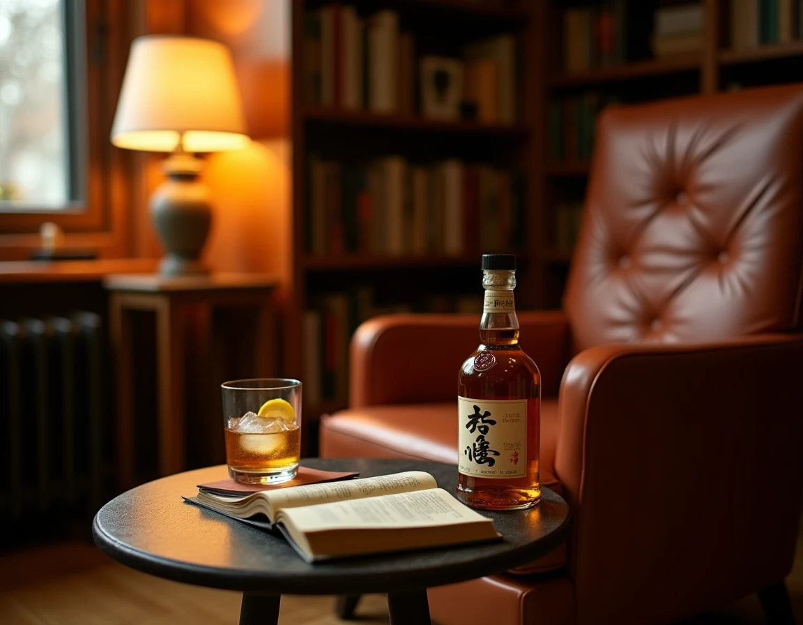 Wide atmospheric shot of a quiet Istanbul home library corner with a leather armchair, a small side table bearing a Sunt