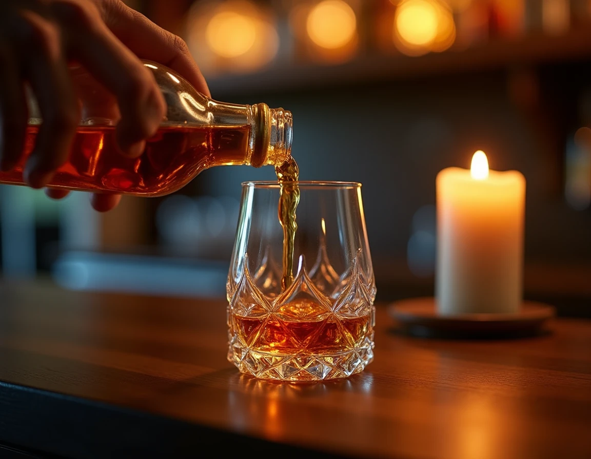 Close-up action shot of whisky being poured from a Mizunara-aged bottle into a Glencairn glass, the liquid catching warm