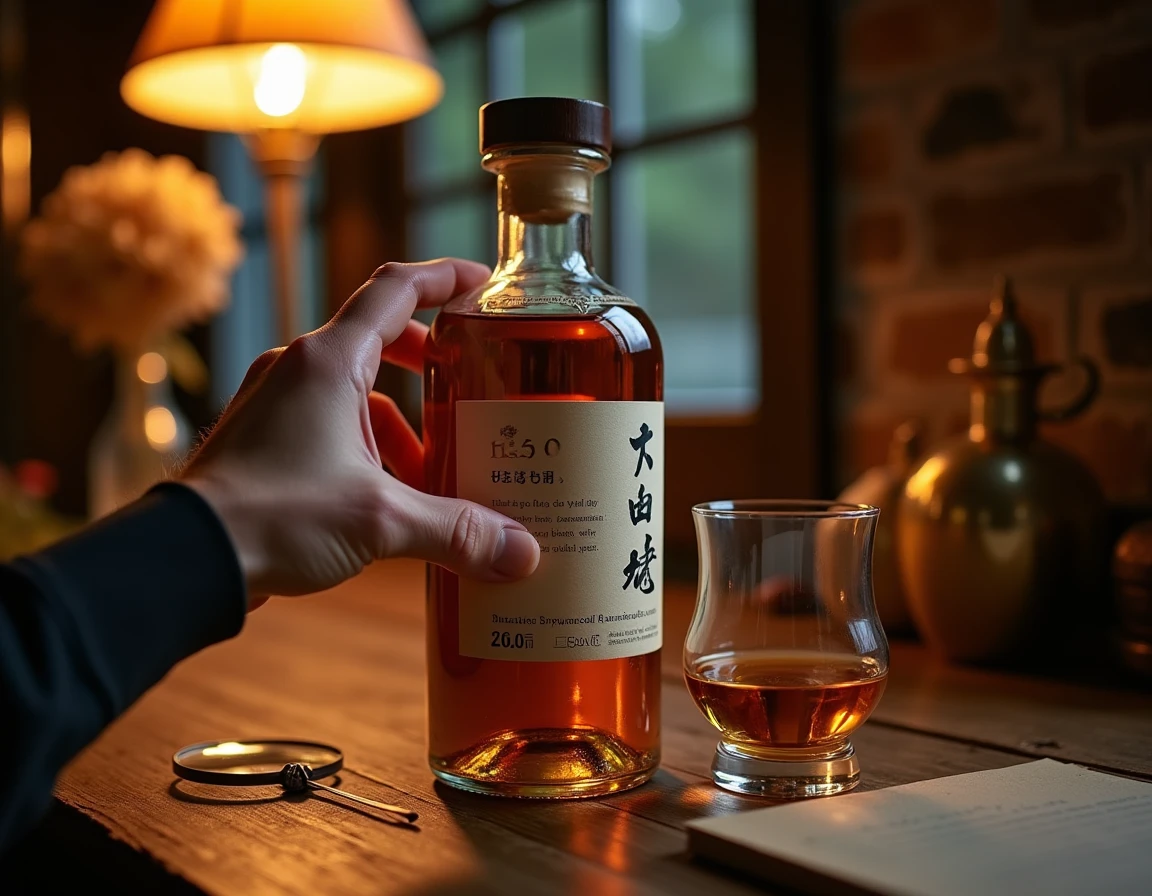 Close-up editorial photograph of a hand carefully examining the back label of a Japanese whisky bottle, magnifying glass