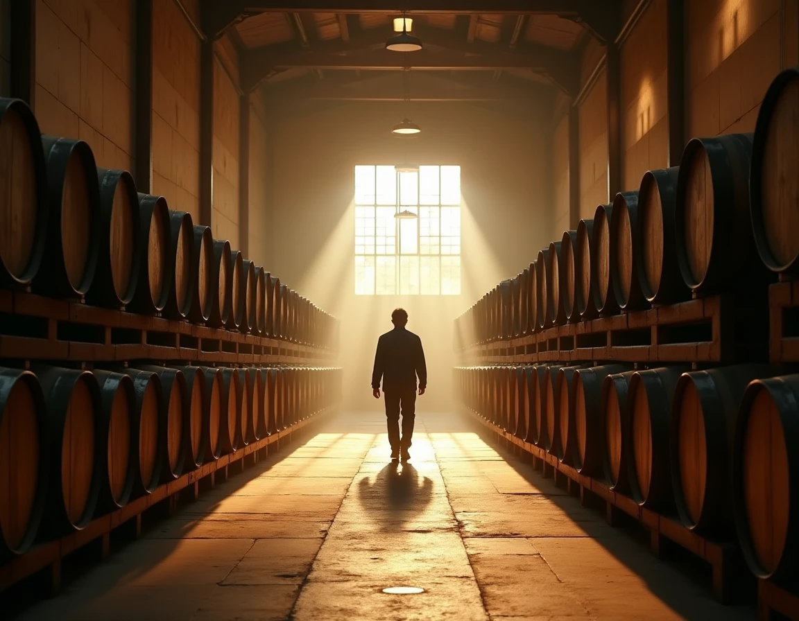 Wide atmospheric interior shot of a Japanese whisky distillery aging warehouse — rows of small Japanese mizunara and ex-