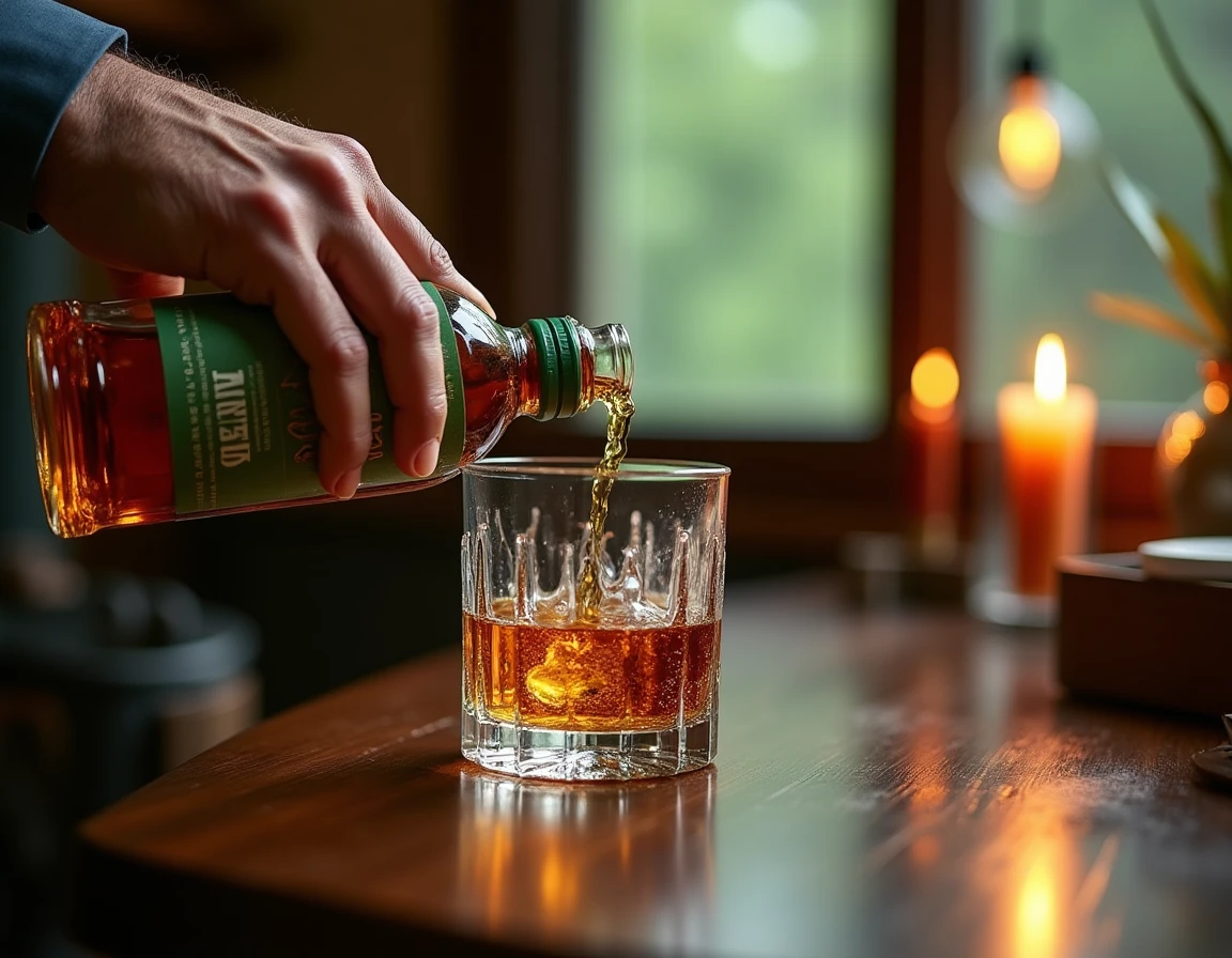 Close-up action shot of weathered hands carefully pouring Hakushu whisky from a green-labeled bottle into a crystal glas