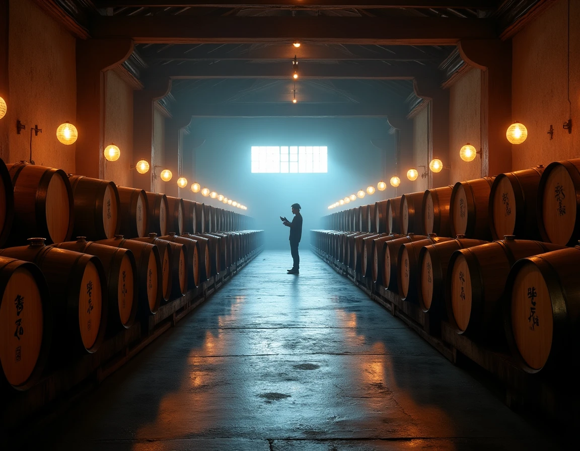 Wide interior shot of the Hakushu distillery warehouse in Yamanashi Japan, rows of aging oak barrels stacked on wooden r