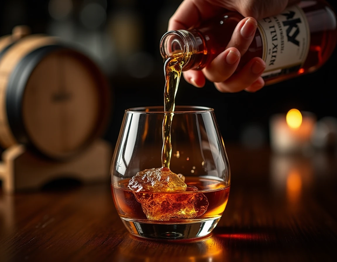 Medium close-up of a hand slowly pouring Nikka From the Barrel into a Glencairn glass, dark moody bar setting, warm low-