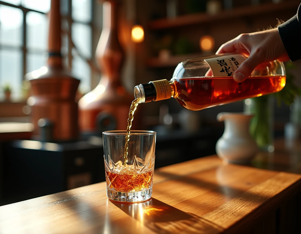 Close-up action shot of amber Japanese single malt whisky being poured from a Chichibu Distillery bottle into a Glencair