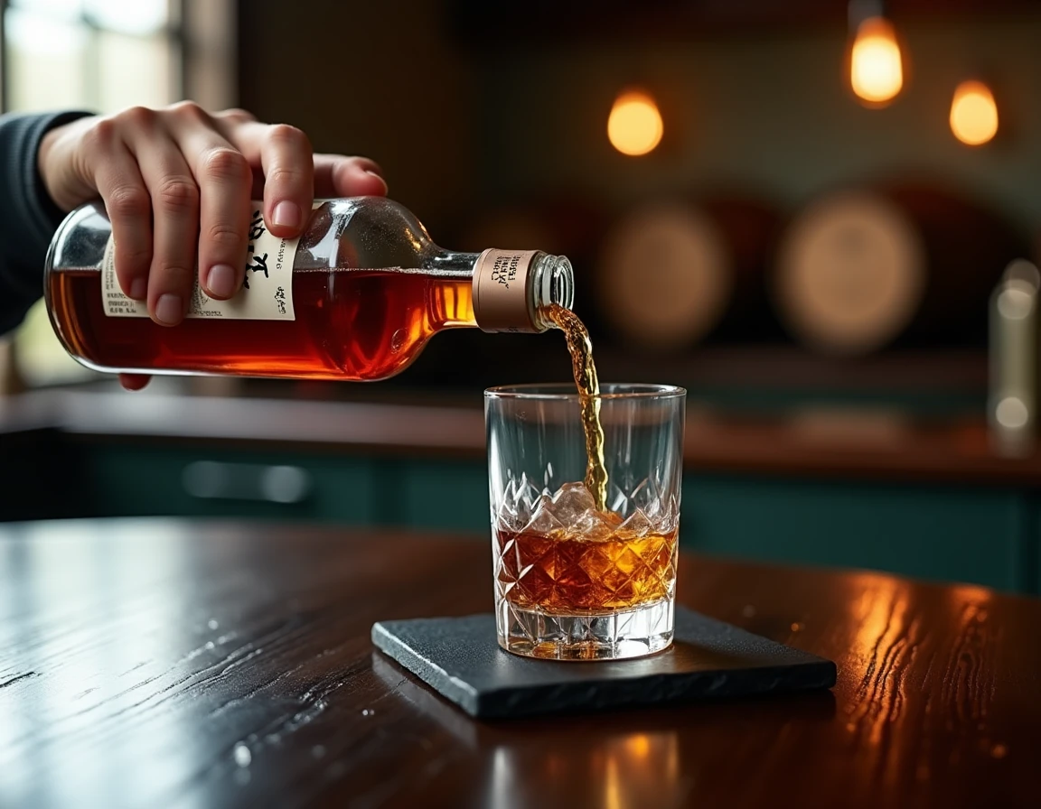 Close-up of a pair of hands carefully pouring Nikka whisky from a distinctive Nikka bottle into a Glencairn glass on a s