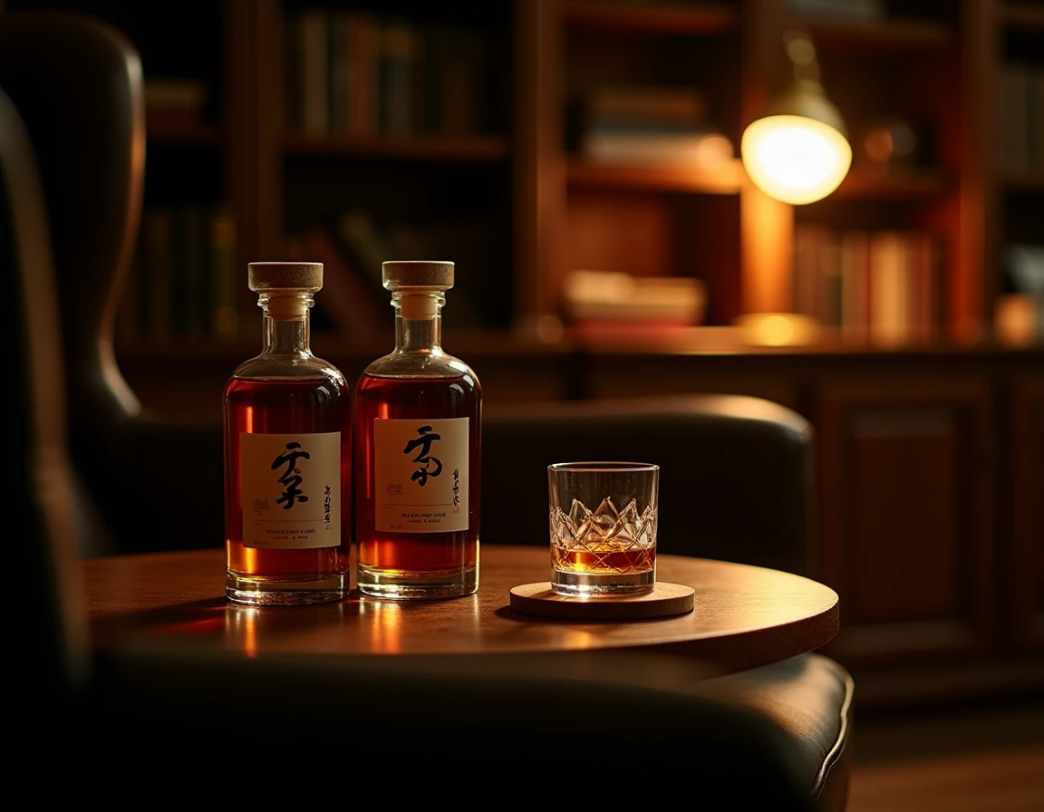 Wide editorial scene of a Japanese whisky tasting setup in a dimly lit library-style room — Kaiyo bottle and Toki bottle