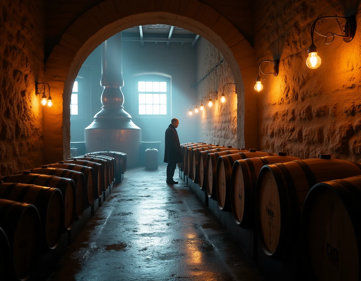 Wide atmospheric interior of Yoichi distillery malt house in Hokkaido, Japan — stone walls, aged wooden pot stills visib