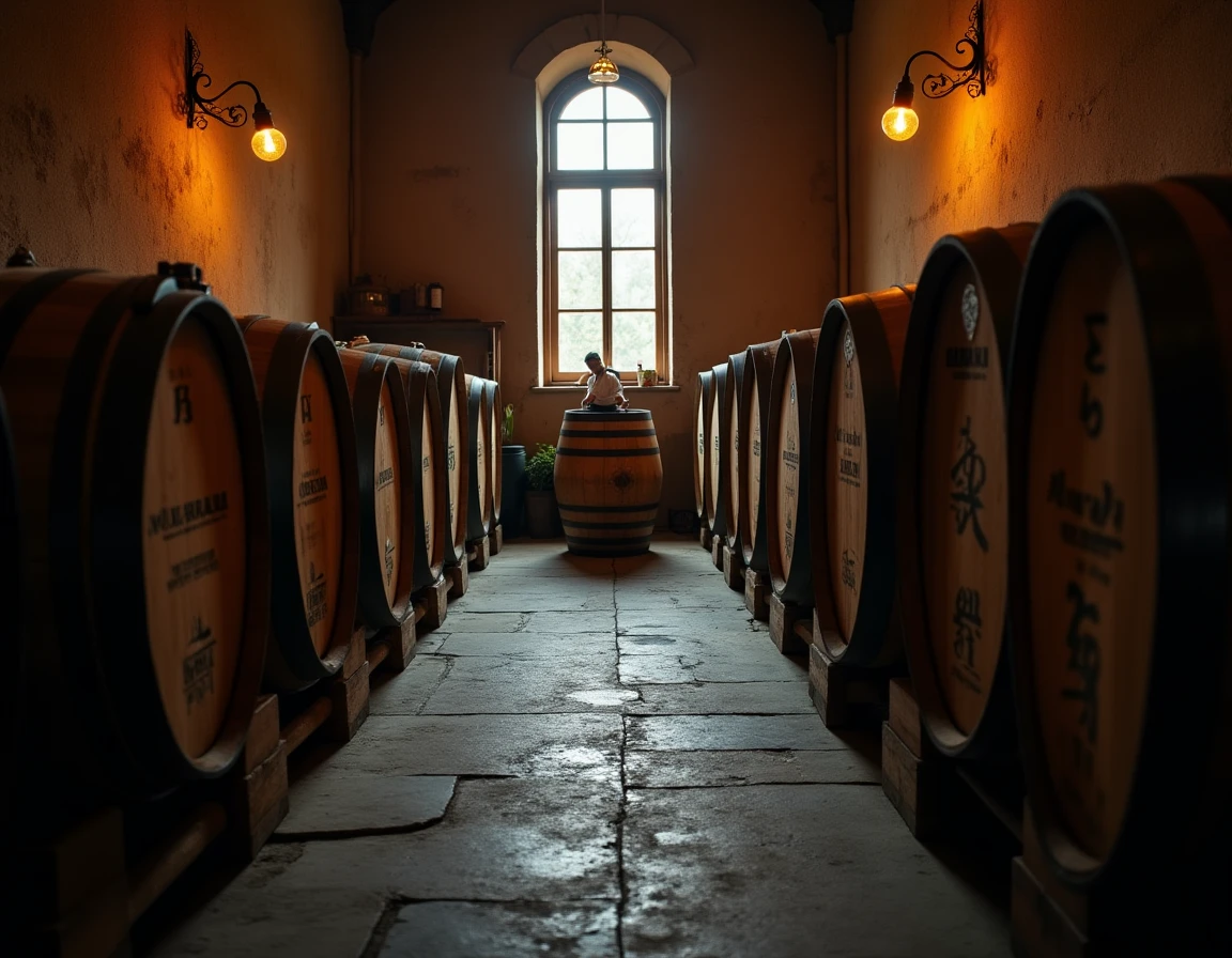 Wide contextual shot inside a small Japanese craft distillery — rows of small ex-bourbon and mizunara oak casks stacked
