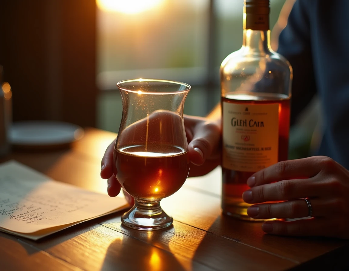 Close-up of a man's hands holding a Glencairn glass of pale golden Japanese whisky up to soft window light, a whisky bot