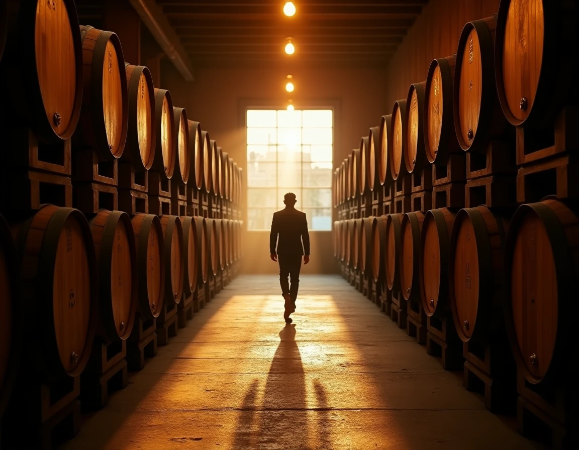 Wide atmospheric shot inside a small Japanese-style whisky warehouse or aging cellar, rows of small Mizunara oak casks s