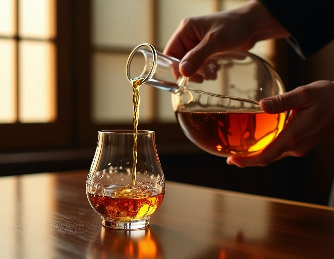 Medium close-up of a whisky glass being filled with a deep amber Mizunara-aged Japanese whisky poured from a classic cry