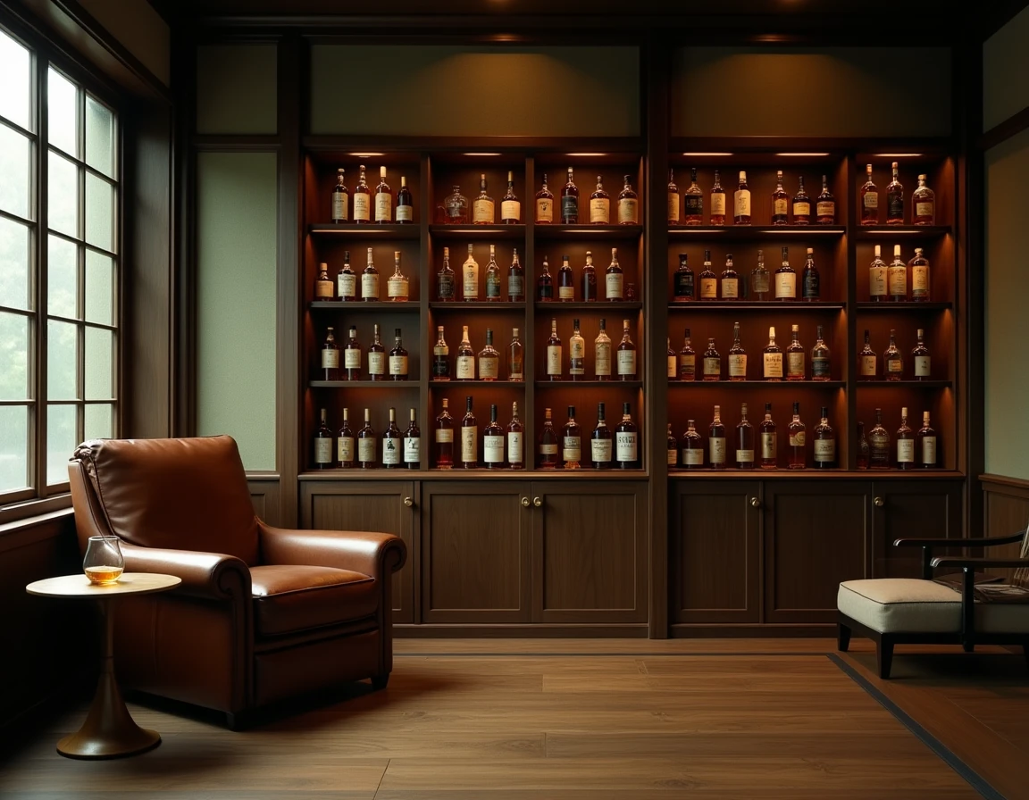 Wide atmospheric interior shot of a traditional Japanese cedar-and-stone whisky library room, shelves lined with dusty M