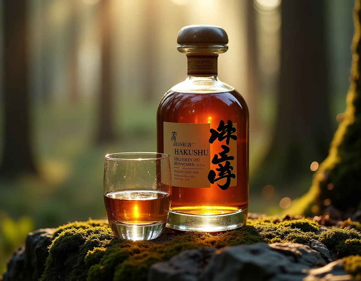 Close-up editorial shot of a Hakushu 12 Year Old whisky bottle on a mossy granite rock surface in a forest setting, a Gl