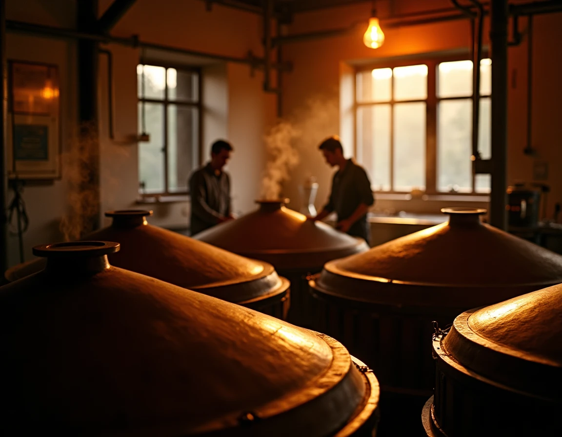 Interior editorial photograph of Hakushu distillery's wooden washback fermentation vessels in a dimly lit production roo