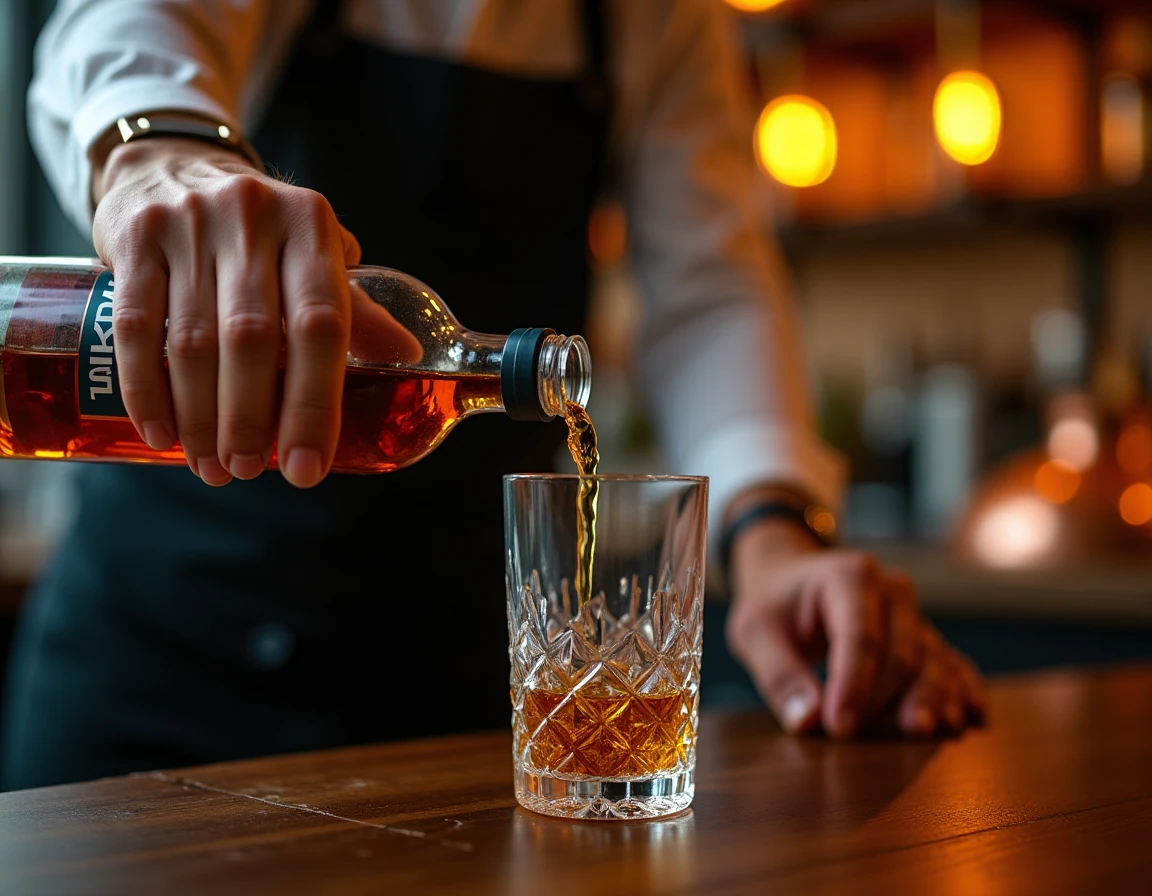 A pair of weathered hands carefully pouring Nikka whisky from a bottle into a crystal glass, close-up editorial detail, 